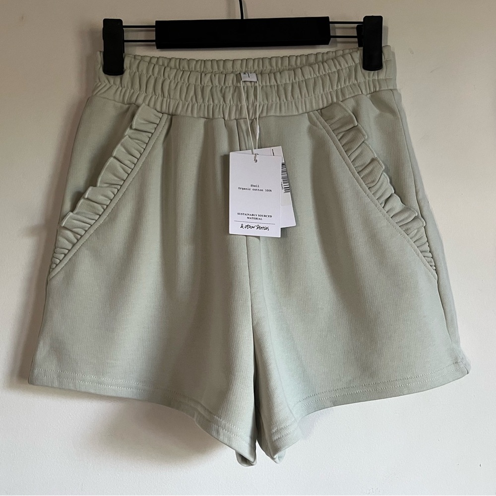NWT & Other Stories Frill Edge Jersey Shorts Dusty Green Size XS Organic Cotton